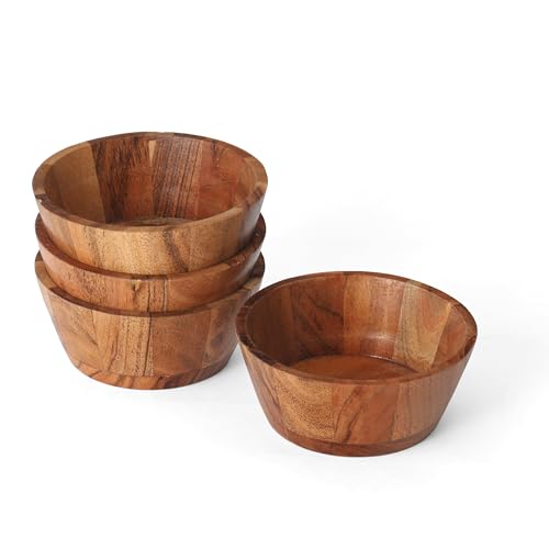 Acacia Wood Round Serving Bowls Set of 4 V Shape Handmade 4.33 Inch Medium Size Brown - size: 4 V Shape Bowls of 4.33-Inch