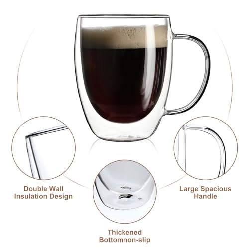 Aurzen 4 Pack Double Walled Glass Coffee Mugs with Handles, Large Insulated Layer Coffee Cups, Clear Borosilicate Mugs, Perfect for Cappuccino, Tea, Microwave Safe - color: 12oz4Pack