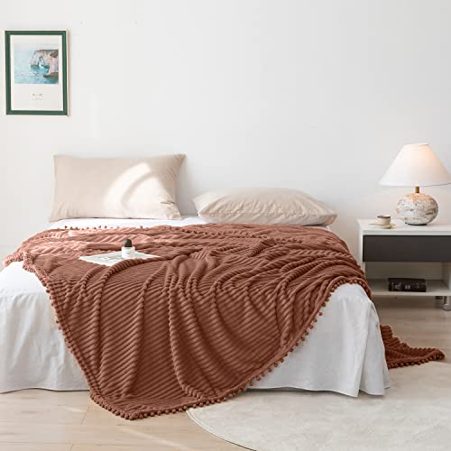 DISSA Fleece Blanket Throw Size – 51x63, Caramel – Soft, Plush, Fluffy, Fuzzy, Warm, Cozy – Perfect Throw for Couch, Bed, Sofa - with Pompom Fringe - Flannel Blanket Throw Blanket - color: Caramel, size: 51x63"