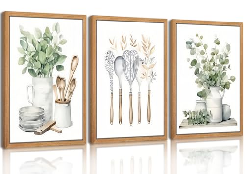 Framed Sage Green Farmhouse Kitchen Wall Art set of 3，Minimalist Dining Room Green Eucalyptus leaves Botanical Painting Pictures Wall Decor Canvas Print for Dining Room Kitchen ，16×24inch - color: Kitchenware Flowers, size: 24L" x 16W"