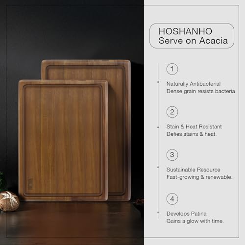 HOSHANHO Acacia Wood Serving Tray 14x10 Charcuterie Board & Non-Slip Pads | Premium Acacia Wood Platter for Cheese, Meat & Snacks, Non-Slip Pads Keep Tray Steady, Ideal for Parties, Dining & Daily Use - size: 14" x 10" x 1"