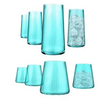 ARTLAND Soho Optic 14.5 oz Double Old Fashion & 17.5oz Highball Glasses (8-Piece Set) - Modern Design Barware Glasses - Elegant Durable & Stylish Bar Glassware Essential, Dishwasher Safe (Turquoise) - color: Light Turquoise, style: Highball & DOF (8-Piece