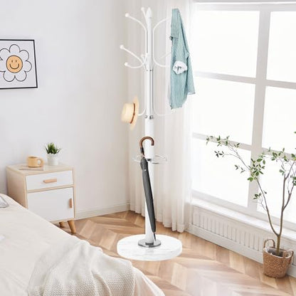 ZOZOE Metal Coat Rack Stand, Modern Coat Rack Freestanding with Natural Marble Base, Sturdy Coat Racks with 12 Hooks & Umbrella Holder,White Coat Tree Hanger Stand for Bags,Hats,Entryway,Office - color: White 12 Hooks