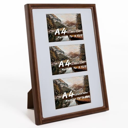 A4 Collage Picture Frame,Premium Solid Walnut Photo Frame With Tempered Glass,Displays 3 Pcs 3.5x5 Pictures,Handcrafted Rounded Corner,Wall or Tabletop Display - color: Walnut, size: A4