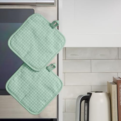 KITCHENAID Gourmet Series Gridlines Pot Holders 2-Pack Set, Heat Resistant up to 600°F, Soft Silicone Grip, Magnetic Cuff, Pistachio Green, 8"x8" - color: Pistachio Green