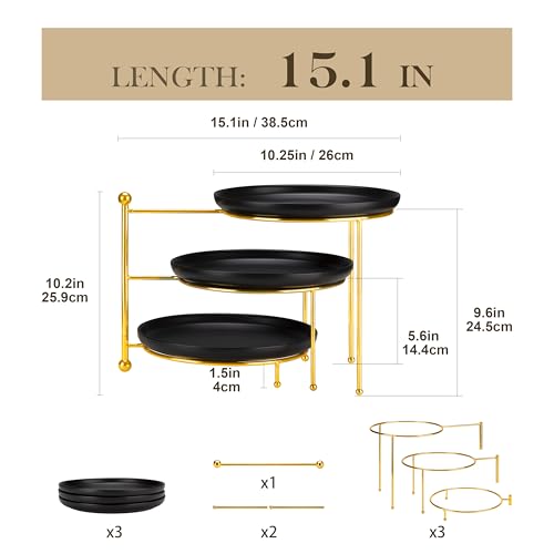 MALACASA Round 3 Tier Serving Tray, 10 Inch Black Porcelain Dessert Stand | Round Black Porcelain Trays with Gold Metal Rack for Cupcakes, Cakes, Fruit and Appetizers, MIcrowave,Dishwasher Safe - color: Black Gold
