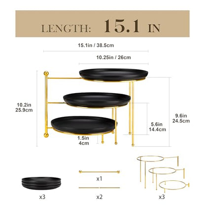MALACASA Round 3 Tier Serving Tray, 10 Inch Black Porcelain Dessert Stand | Round Black Porcelain Trays with Gold Metal Rack for Cupcakes, Cakes, Fruit and Appetizers, MIcrowave,Dishwasher Safe - color: Black Gold