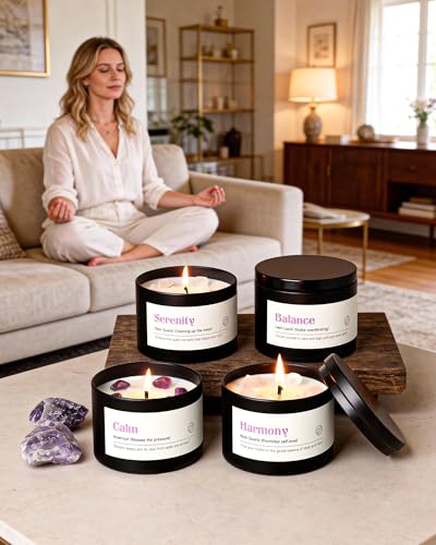 AOOVOO Crystal Soothing Candles Set for Women - Soy Candle for Home Scented | 4 Pack 26 oz, 200 Hour Long Lasting Candle, Calm Amethyst/Serenity Clear Quartz/Harmony Rose Quartz/Balance Lapis Lazuli - color: Soothing Candles Set