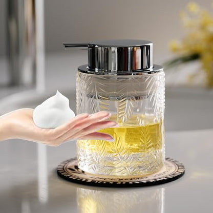 CICUFY Foaming Hand Soap Dispenser - Glass Foam or Lotion Dispenser for Kitchen & Bathroom, Refillable with Large Silver Pump (Leaf Pattern-Clear) - color: Clear-1 Pcs, style: Foam/Leaf Pattern