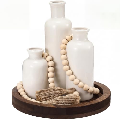 5 Pcs Rustic Country Tabletop Centerpieces Decor Set of 3 Boho Ceramic Vases with Wooden Serving Tray Wood Bead Garland Tassels Table Holder for Home Decorations(Dark Brown) - color: Dark Brown