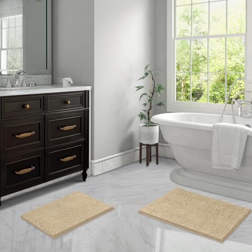 LINLA Bathroom Rugs Sets 2 Piece, Absorbent Soft Chenille Bath Mat, Beige | Non-Slip ,Quick Dry, Washable, Carpet Mats for Floor, Tub and Shower,32" x 20"/24" x 17" - color: Beige