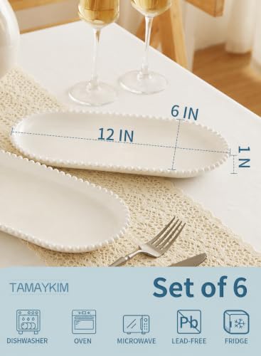 12 Inch Porcelain Serving Platters, White Ceramic Trays, Set of 6 | Oval Serving Plate with Beaded Edge, For Steak, Taco, Sushi, Appetizer, Cake, Dishwasher & Oven Safe