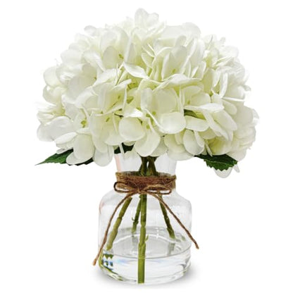 Sumery Hydrangea Artificial Flowers with Vase White Silk Fake Flowers Arrangements in Glass Vase with Faux Water for Home Decor, Wedding, Bathroom, Shelf Decorations, Coffee Table (1, White, 11.8in)