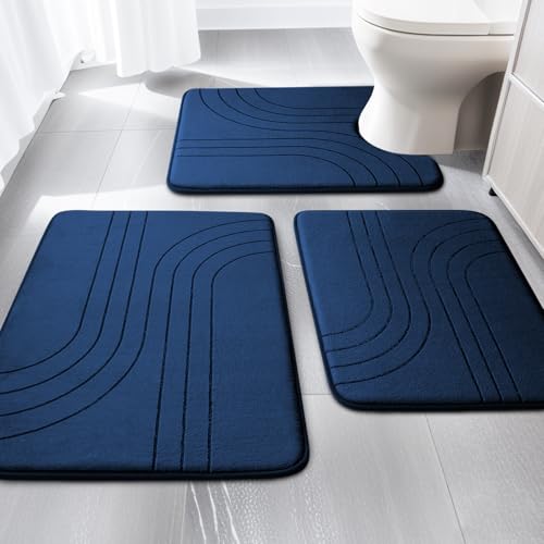 3 Piece Navy Blue Bathroom Rug Set, Soft Non Slip Bath Mats, Extra Thick Memory Foam, Machine Washable for Tub, Toilet and Floor - color: Blue-2, size: 3 pieces