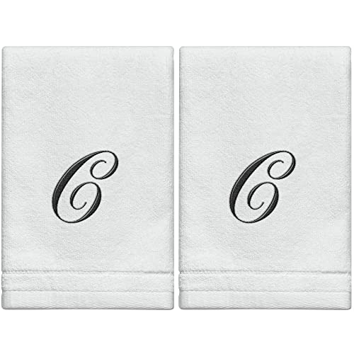 Monogrammed Towels Fingertip, Personalized Gift, 11 x 18 Inches - Set of 2- Black Embroidered Towel - Extra Absorbent 100% Cotton- Soft Velour Finish - For Bathroom/ Kitchen/ Spa- Initial C (White) - color: C