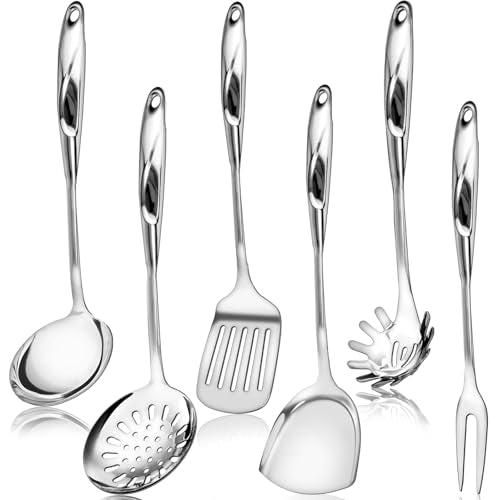 Hunnycook Stainless Steel Cooking Utensils Set - 6 Piece Kitchen Utensils Set, One Piece Seamless Handle Stainless Steel Utensils with Hanging Hole, Dishwasher Safe, Silver