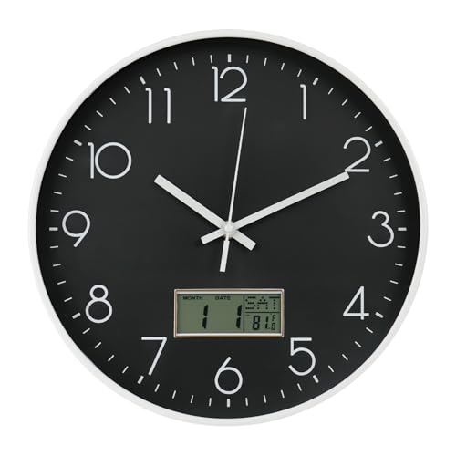 Wall Clock with LCD Display Non-Ticking Silent Quartz Movement Decor Clock with Perpetual Calendar and Temperature Modern Style Round Wall Clocks for Office/Living Room/Bedroom(Black, 12inch) - color: Black