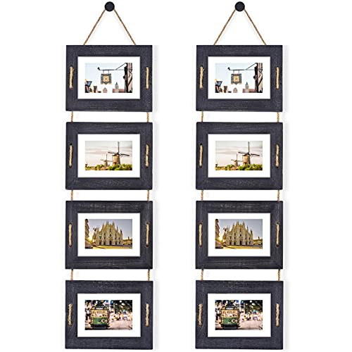DLQuarts 5x7 Hanging Collage Picture Frames Wall Decor, 4-Opening 5x7 Matted to 3.5x5 Photo Rustic Wood Frame with Hemp Rope, 2 Pack, Weathered Black - color: Weathered Black, size: 5x7-2 Pack