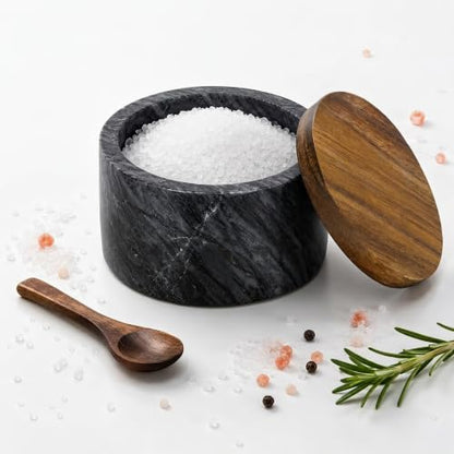 Marble Salt Cellar with Lid & Spoon, Salt Container, Salt Holder | Acacia Wood Lid, Wide Base with Non-Skid Feet, Moisture Proof Spice Cellars Keeps Salt, Pepper & Spices Dry, 6 oz (Grey) - color: Grey