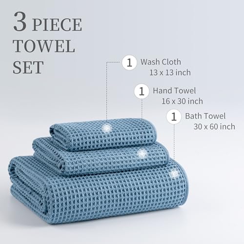 MICROFI Microfiber Waffle Bath Towels, 3 Pieces, Oversized, Soft, Absorbent, Fast Drying, Lint Free, Includes Bath, Face and Hand Towels 430 GSM - color: Blue