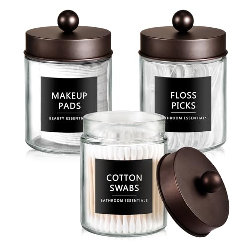 SheeChung 3 Pack Glass Qtip Holder with Bronze Stainless Steel Lids | Apothecary Jars with Stickers, Countertop Canister Guest Bathroom Storage Organizer Set for Cotton Swabs/Balls, Floss Picks - color: Bronze, size: 3 pack