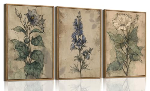 Framed 3 Piece Vintage Botanical Wall Art Dark Floral Canvas Prints | Rustic Farmhouse Pictures Wall Decor Gothic Cottagecore Paintings Artwork for Living Room Bedroom Bathroom 16x24in - color: Botanical-5, size: 16x24 Natural