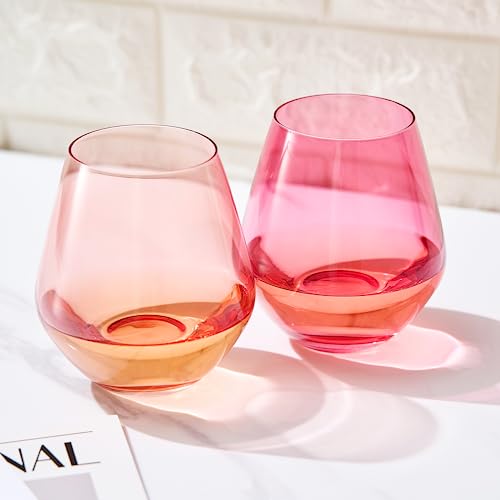 Coral & Fuchsia Colored Wine Glassware | Set of 2 | Large 16oz Stemless Glasses - Coral Peach Pink Italian Style Wine, Margarita, Tumbler, Water, Hand-Blown Glass