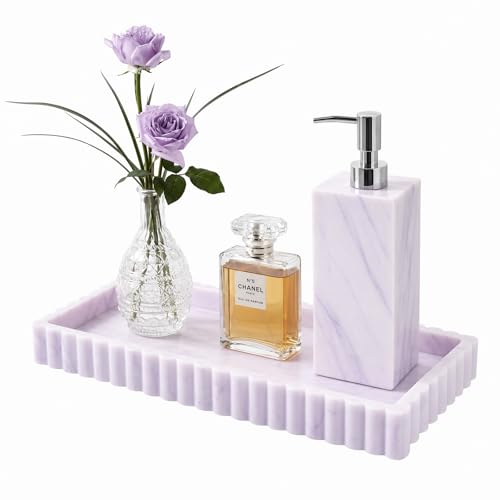 Bathroom Vanity Tray - 9.4''x3.9'' Silicone Bathroom Tray with Scalloped Edge, Counter Top Tray for Vanity Sink Countertop, Decorative Organizer for Cosmetics Jewelry, Rectangular, Marble White Purple - color: Marble White Purple, size: 9.4" x 3.9" x 0.7"