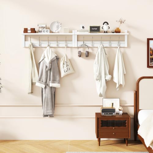 YMYNY 47.2" Coat Rack Wall Mount with Shelf and 10 Hooks, White UHWS004W-2 | 2 Pack Coat Hooks Wall Mount, Wood Wall Mounted Coat Rack with Hooks, Coat Hanger Wall Mount, Wall Hooks for Hanging - color: White