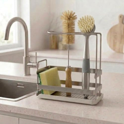 Kitchen Sink Caddy,Sponge Dish Brush Holder Brushed Nickel | Carbon Steel, Towel Rack & Removable Drain Tray, Sponge & Brush Organizer, Compact Sink Storage, Fits Standard Kitchen Sink