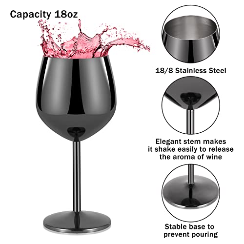 Lifecapido Stainless Steel Wine Glasses Set of 4, 18oz Stainless Steel Wine Goblets, Stemmed Metal Wine Glasses with Cup Brush for Party Office Anniversary, Great for Red White Wine (Grey Black) - color: Grey Black