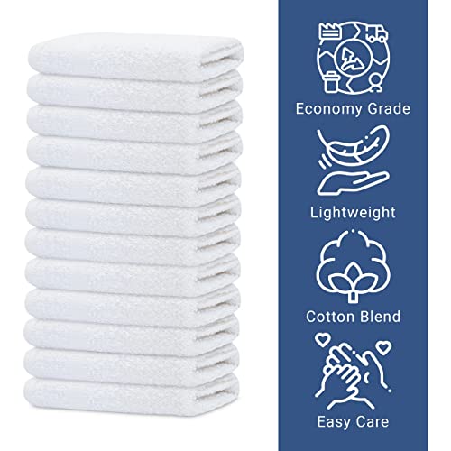 12 Pack Economy White Washcloths Set (12x12 inches) - Cotton Blend Commercial Grade Cleaning Rags, Quick Drying & Soft Face Cloths, Fingertip Towels for Bathroom, Spa, Gym, and Kitchen
