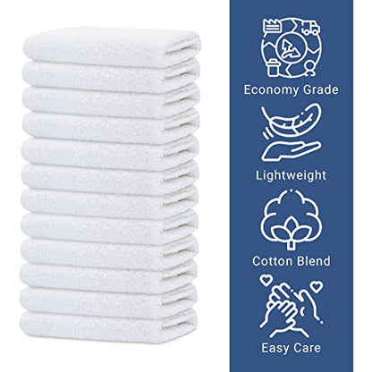 12 Pack Economy White Washcloths Set (12x12 inches) - Cotton Blend Commercial Grade Cleaning Rags, Quick Drying & Soft Face Cloths, Fingertip Towels for Bathroom, Spa, Gym, and Kitchen