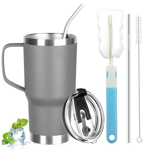 20 oz Tumbler with Handle, Stainless Steel Insulated Tumbler with Lid and Straw, Double Wall Vacuum Coffee Mug Tumbler, Insulated Coffee Thermal Cup for Cold and Hot (Grey, 20 Ounces) - color: Gray, size: 20 Ounces