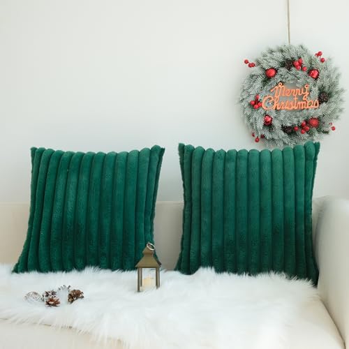 JOJUSIS Faux Fur Plush Throw Pillow Covers, Dark Green, 22 x 22-Inch - color: Dark Green, size: 22" x 22" (Pack of 2)