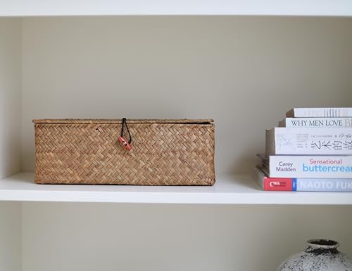 Seagrass Woven Storage Basket with Lid, Rectangular Narrow Tampon Toilet Tank Organizer - color: 3 Section with Lid