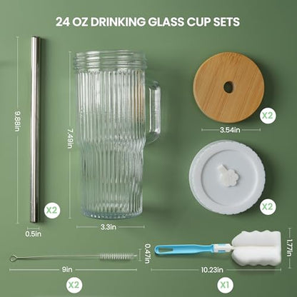 24oz Ribbed Glass Tumbler With Handle,4Pack Glass Cup with Lids and Straws,Reusable Glass Iced Coffee Cups With lids,Mason Jar Cup&Drinking Glasses for Smoothie,Shake,Juice,Soda Water,Tea,Travel