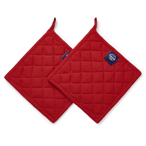 Encasa XO Pot Holders, Quilted Kitchen Hot Pads 8"x8" Red | 100% Heavyweight Cotton | Quilted Insulation | Multipurpose Trivets & Hot Pads | Hanging Loop | Set of 2 - color: Red