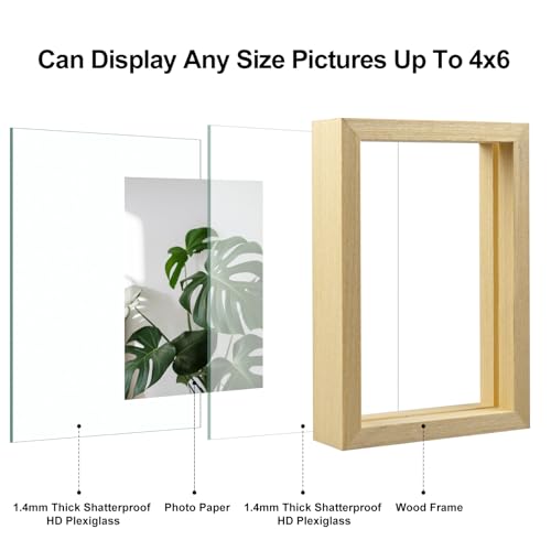 Egofine 4x6 Floating Frames Set of 2, Double Plexiglass Picture Frame, Made of Solid Wood Display Any Size Photo up to 4x6, Wall Mount or Tabletop Standing, Natural Wood - color: Natural Wood, size: 4x6
