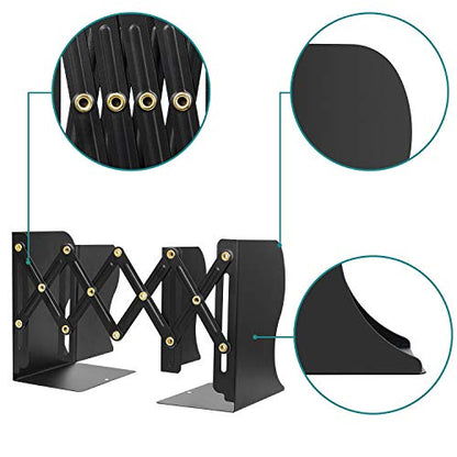 Hossejoy Adjustable Bookends, Heavy Duty Metal Book Ends, Expandable Bookcase Book Holder Stand Shelf Rack for Student Office Book File Organizer Storage, Extends up to 19 inches (Black)