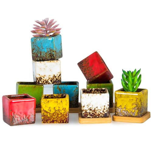 Set of 10 Succulent Pots with Drainage Trays, Small Square Plant Pots Bulk | 2.1 Inch Ceramic Pots for Indoor Flower Plants, Garden Home Desk Windowsill Decor - color: 2.1"colorful - 10pcs