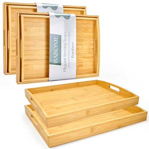 Bamboo Serving Tray Set of 4, Bamboo Trays with Handles | Decorative bamboo serving trays for serving, storage,kitchens, living rooms,bathrooms, outdoor scenarios and more - color: 4 Pack