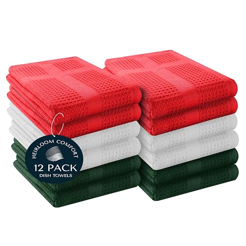 12 Pack Multi Color Waffle Weave Kitchen Towels, 16x26 Inch, 100% Cotton, Super Absorbent, Quick Dry, Hand Towels for Drying Dishes, Cleaning, Durable - Red, White, Forest Green - color: Red, White, Forest Green, style: 12 Pack