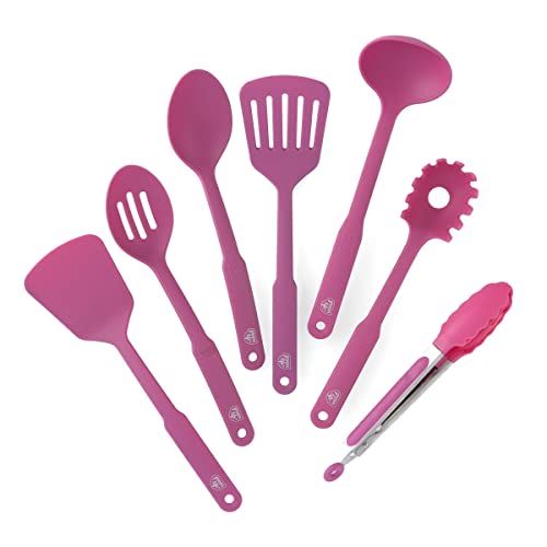 GreenLife Cooking Tools and Utensils, 7 Piece Nylon Set including Spatulas Turner Spoons and Tongs, Dishwasher Safe, Bright Pink - color: Bright Pink