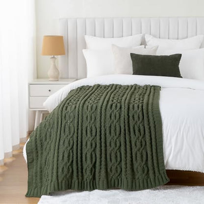 Battilo Olive Green Throw Blanket for Couch, Chunky Cable Knit Blanket, Woven Soft Cozy Chenille Throw Blanket for Bed, Sofa, Chair, Living Room, 51"x67" - color: Olive Green