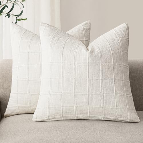 Foindtower Set of 2 Decorative Linen Check Throw Pillow Covers Neutral Farmhouse Vintage Cushion Covers Modern Boho Home Decor for Sofa Chair Couch Bedroom Living Room,16×16 Inch,Cream White - color: White, size: 16" x 16" (Pack of 2)