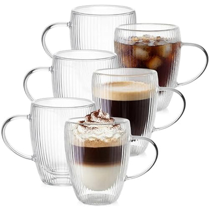Zhehao 6 Pack Double Wall Glass Coffee Mugs with Handle 12 oz Clear Coffee Cups with Handle Insulated Glass Espresso Mugs Tea Cups for Latte Cappuccino Hot Chocolate