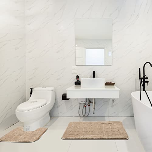 HEBE Bathroom Rug Set 2 Piece, Non Slip Washable Microfiber Bath Mat Set | Super Soft Absorbent Bathroom Mats, Fluffy Bath Rug with U-Shaped Contour Toilet Mat Set for Tub, Shower, Beige
