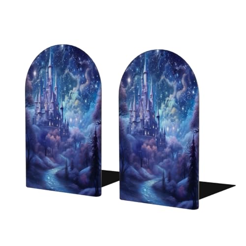 Blue Galaxy Nebula Castle 2Pcs Book Ends for Shelves Non-Skid Wood Bookends Decorative Back to School Books Holders Book Stoppers Bookshelf Accessories for Desk Home Office School Decor (1 Pair) - color: Blue Galaxy Nebula Castle