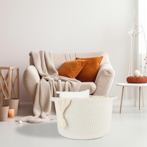 XUANGUO Extra Large Cotton Rope Round Storage Basket 22" x 14" White | Woven basket for blankets, toys, towels, laundry, nursery, living room and pet toy storage. - color: white